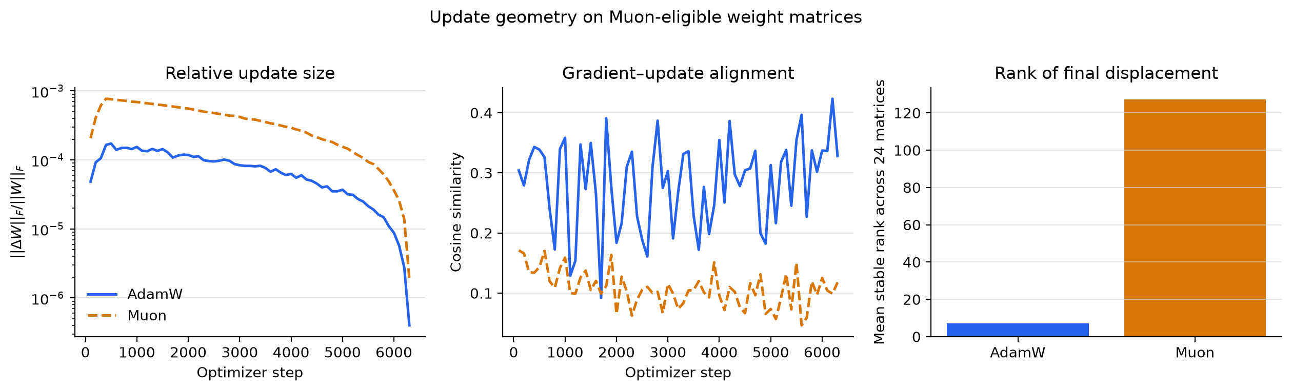 Three panels for seed 1: relative update size, consistently higher for Muon; gradient-update cosine similarity, around 0.1 for Muon and 0.2 to 0.4 for AdamW; and a bar chart of the mean stable rank of the final displacement, far higher for Muon.